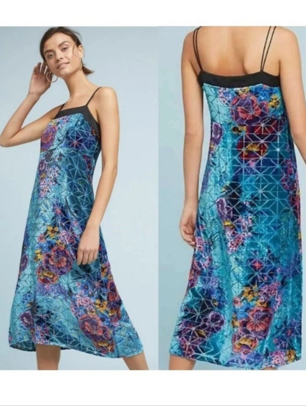 Moulinette Soeurs Anthropologie Velvet Midi Slip Dress in Blue